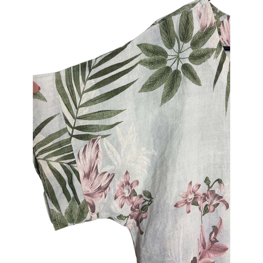 Pistache Italy 100% Linen Floral Top Medium Tropical Botanical Blouse Resort - Picture 3 of 7